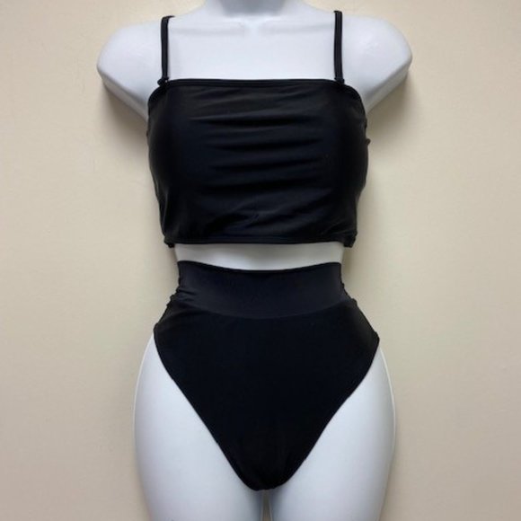 NEW Black 2 Piece Bikini Swimsuit Bandeau High Waist‎ French Cut, size XL - Picture 1 of 11